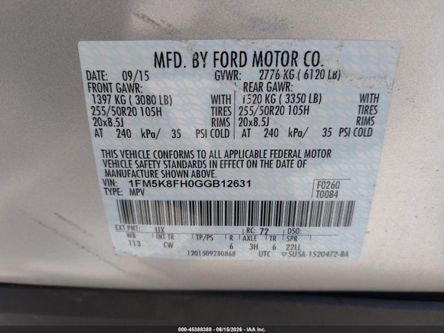 Ford Explorer Limited 2016 1FM5K8FH0GGB12631 Image 9