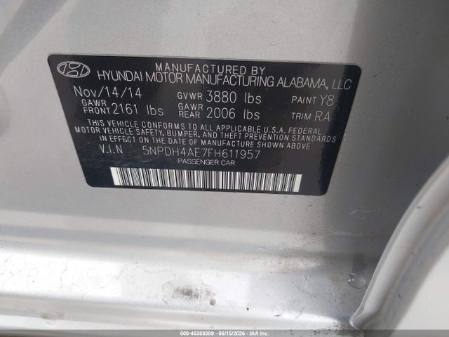 Продаж на аукціоні авто 2015 Hyundai Elantra Se, vin: 5NPDH4AE7FH611957, номер лоту: 45388389