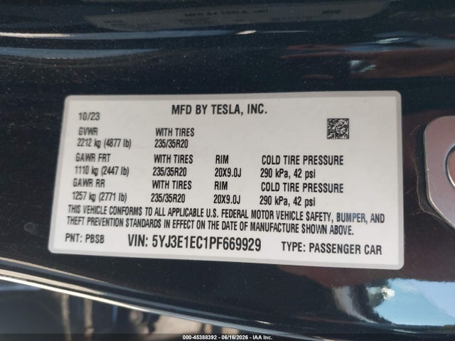 45388392 :رقم المزاد ، 5YJ3E1EC1PF669929 vin ، 2023 Tesla Model 3 Performance Dual Motor All-wheel Drive مزاد بيع