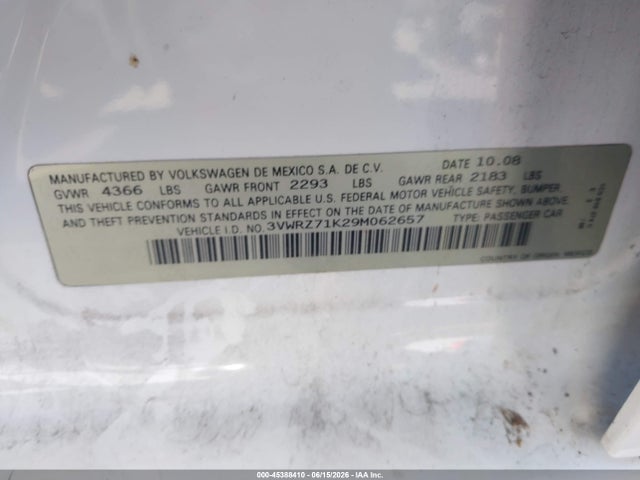 45388410 :رقم المزاد ، 3VWRZ71K29M062657 vin ، 2009 Volkswagen Jetta Se/sel مزاد بيع