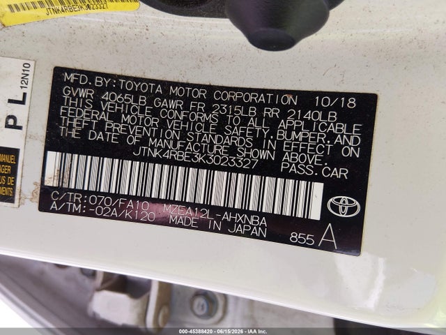 2019 Toyota Corolla Se მანქანა იყიდება აუქციონზე, vin: JTNK4RBE3K3023327, აუქციონის ნომერი: 45388420