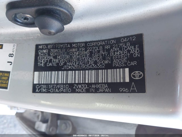 Aukcja sprzedaży 2012 Toyota Prius Three, vin: JTDKN3DU9C5436362, numer aukcji: 45388433