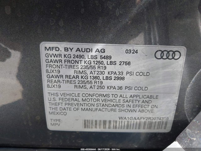 45388444 :رقم المزاد ، WA1GAAFY2R2074319 vin ، 2024 Audi Q5 Premium 45 Tfsi S Line Quattro مزاد بيع