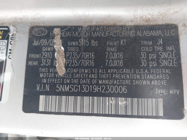 Aukcja sprzedaży 2009 Hyundai Santa Fe Gls, vin: 5NMSG13D19H230006, numer aukcji: 45388446
