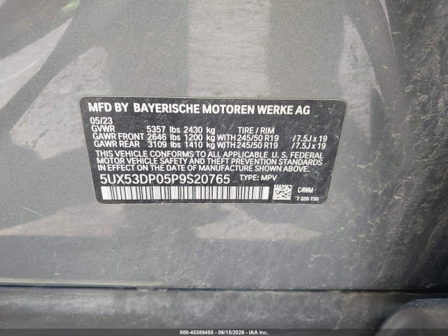 45388455 :رقم المزاد ، 5UX53DP05P9S20765 vin ، 2023 Bmw X3 Xdrive30i مزاد بيع