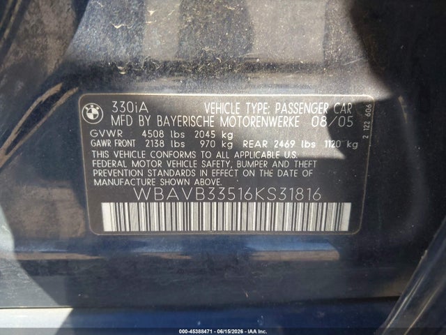 Продаж на аукціоні авто 2006 Bmw 330i, vin: WBAVB33516KS31816, номер лоту: 45388471