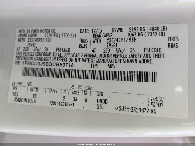 45388482 :رقم المزاد ، 1FMCU9J90GUB89718 vin ، 2016 Ford Escape Titanium مزاد بيع