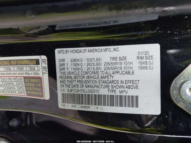 45388486 :رقم المزاد ، 5J8TC2H70LL032310 vin ، 2020 Acura Rdx Advance Package مزاد بيع