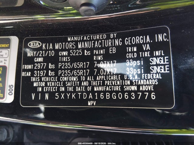 45388489 :رقم المزاد ، 5XYKTDA16BG063776 vin ، 2011 Kia Sorento Lx مزاد بيع