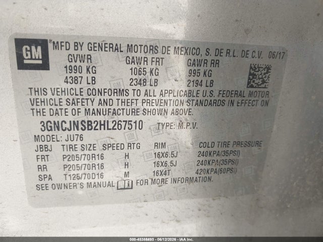 Chevrolet TRAX LS 2017 3GNCJNSB2HL267510 Image 9