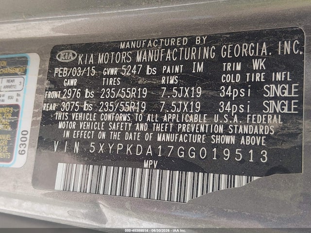 5XYPKDA17GG019513 KIA Sorento 2.0t Sxl