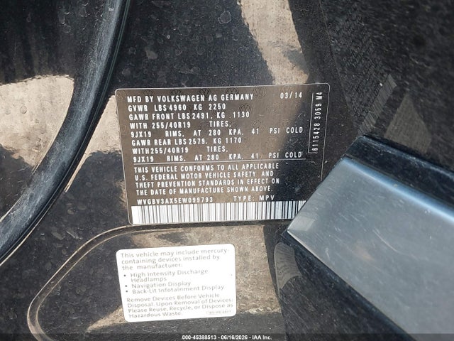 2014 Volkswagen Tiguan R-line მანქანა იყიდება აუქციონზე, vin: WVGBV3AX5EW099793, აუქციონის ნომერი: 45388513