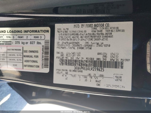 3FA6P0LU6LR219625 Ford Fusion Hybrid Se