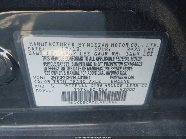 45388530 :رقم المزاد ، 3N1CE2CP7EL401061 vin ، 2014 Nissan Versa Note Sv مزاد بيع