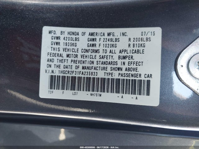Honda ACCORD LX 2015 1HGCR2F31FA235933 Image 9