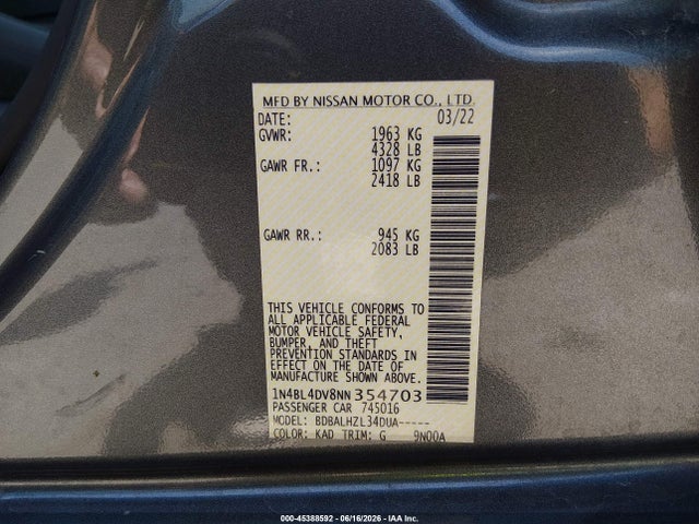 2022 Nissan Altima Sv Fwd მანქანა იყიდება აუქციონზე, vin: 1N4BL4DV8NN354703, აუქციონის ნომერი: 45388592