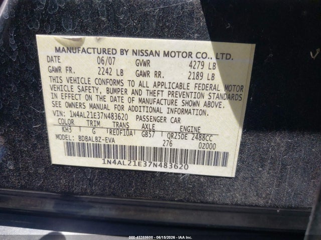 45388600 :رقم المزاد ، 1N4AL21E37N483620 vin ، 2007 Nissan Altima 2.5 S مزاد بيع