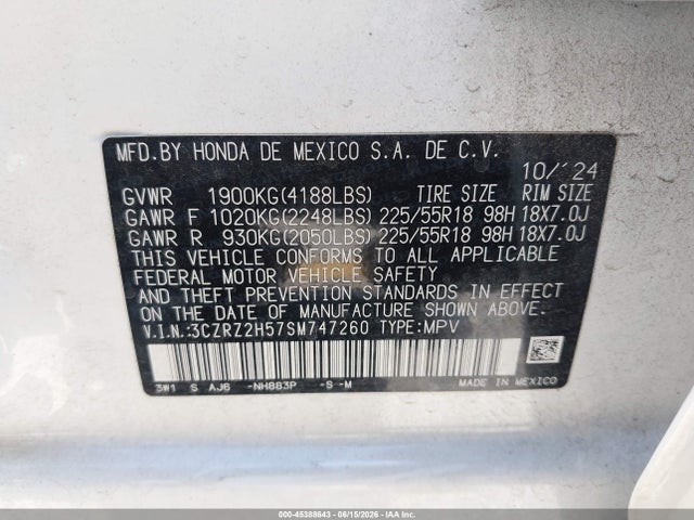 Auction sale of the 2025 Honda Hr-v Awd Sport, vin: 3CZRZ2H57SM747260, lot number: 45388643
