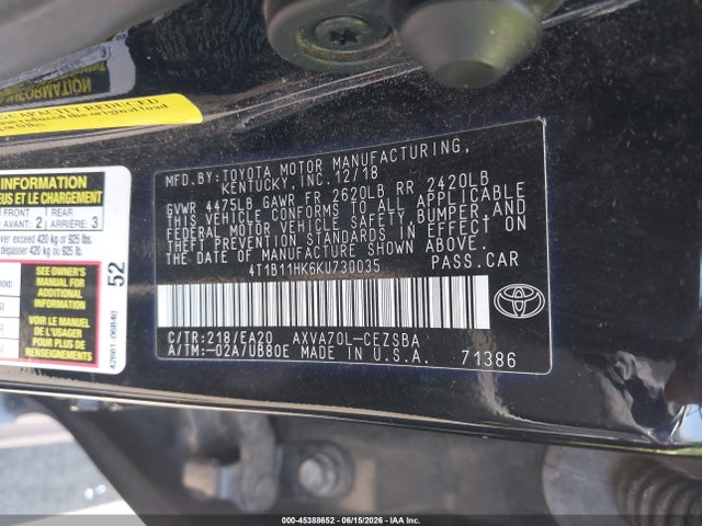 Toyota CAMRY SE 2019 4T1B11HK6KU730035 Image 9