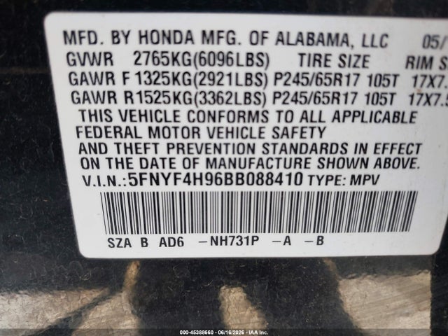 45388660 :رقم المزاد ، 5FNYF4H96BB088410 vin ، 2011 Honda Pilot Touring مزاد بيع