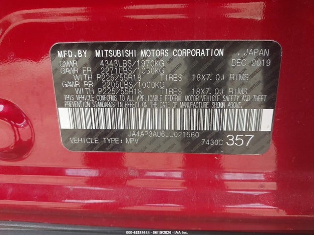 Aukcja sprzedaży 2020 Mitsubishi Outlander Sport 2.0 Es, vin: JA4AP3AU6LU021560, numer aukcji: 45388684