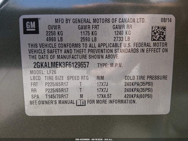 2015 Gmc Terrain Sle-1 მანქანა იყიდება აუქციონზე, vin: 2GKALMEK3F6129657, აუქციონის ნომერი: 45388686