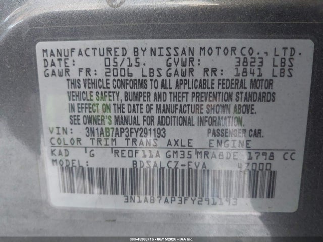 Aukcja sprzedaży 2015 Nissan Sentra S, vin: 3N1AB7AP3FY291193, numer aukcji: 45388716