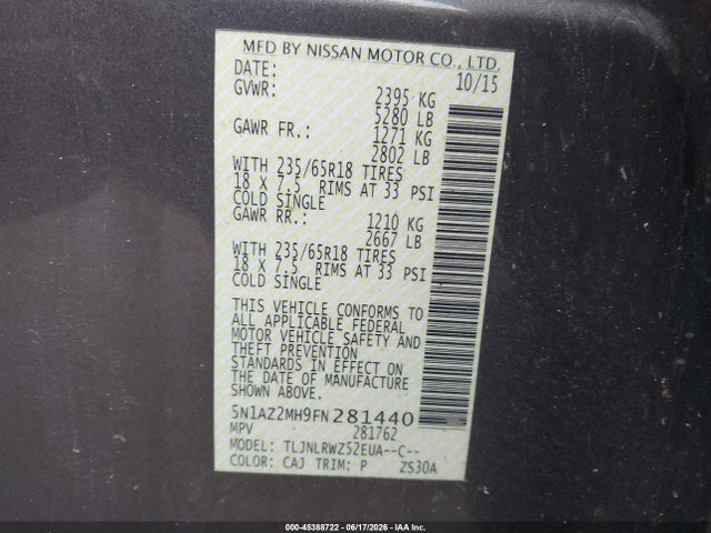 45388722 :رقم المزاد ، 5N1AZ2MH9FN281440 vin ، 2015 Nissan Murano Platinum/s/sl/sv مزاد بيع