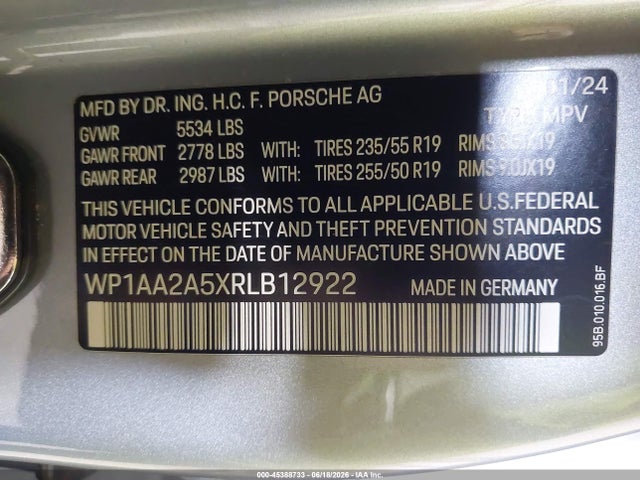 2024 Porsche Macan T მანქანა იყიდება აუქციონზე, vin: WP1AA2A5XRLB12922, აუქციონის ნომერი: 45388733