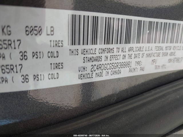 45388740 :رقم المزاد ، 2C4RDGCG5GR388081 vin ، 2016 Dodge Grand Caravan Sxt مزاد بيع