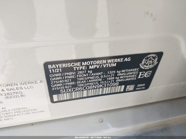 Продажа на аукционе авто 2022 Bmw X5 Xdrive40i, vin: 5UXCR6C08N9K31098, номер лота: 45388750