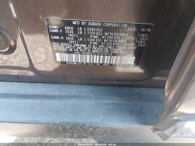 Aukcja sprzedaży 2019 Subaru Outback 3.6r Touring, vin: 4S4BSETC1K3254738, numer aukcji: 45388757