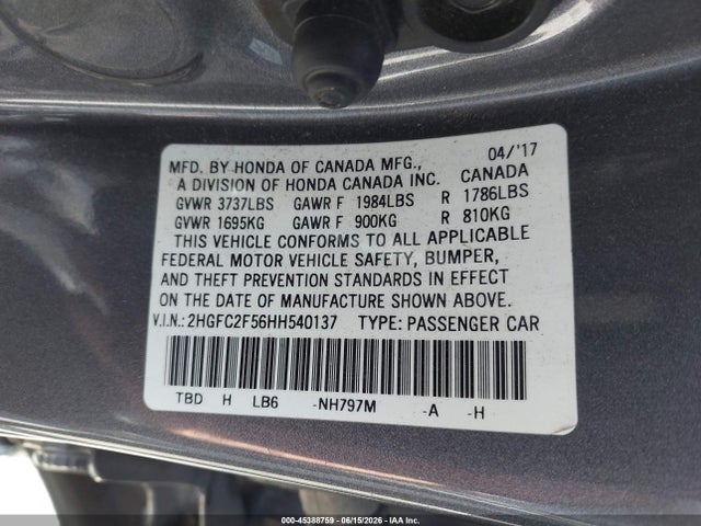 Продаж на аукціоні авто 2017 Honda Civic Lx, vin: 2HGFC2F56HH540137, номер лоту: 45388759