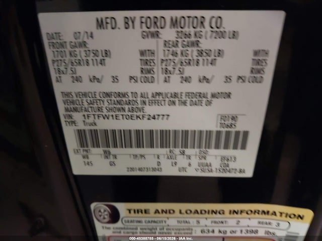 Aukcja sprzedaży 2014 Ford F-150 Xlt, vin: 1FTFW1ET0EKF24777, numer aukcji: 45388785