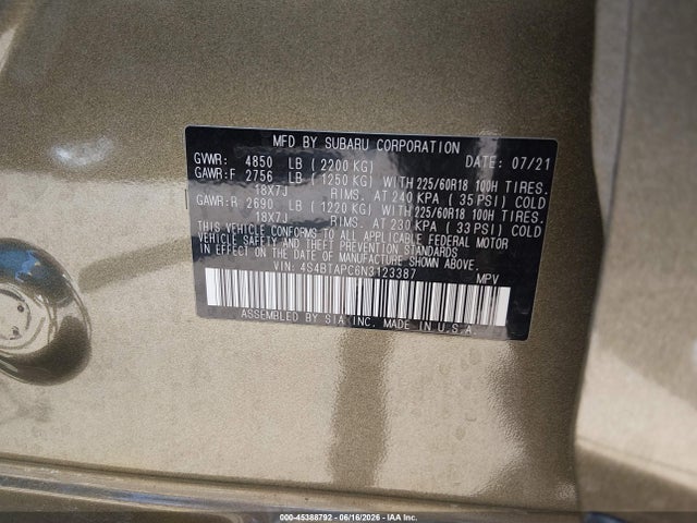 2022 Subaru Outback Touring მანქანა იყიდება აუქციონზე, vin: 4S4BTAPC6N3123387, აუქციონის ნომერი: 45388792