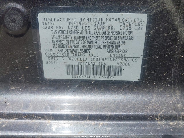 45388793 :رقم المزاد ، 3N1CN7AP4FL854877 vin ، 2015 Nissan Versa 1.6 S+ مزاد بيع
