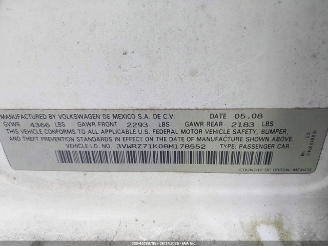 Продаж на аукціоні авто 2008 Volkswagen Jetta Se/sel, vin: 3VWRZ71K08M178552, номер лоту: 45388795
