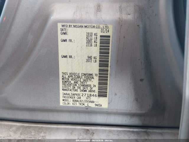 1N4AL3APXEC271846 Nissan Altima 2.5/2.5 S/2.5 Sl/2.5 Sv