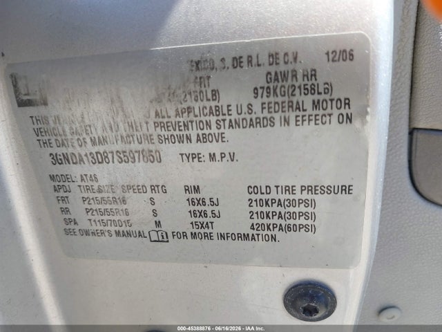 45388876 :رقم المزاد ، 3GNDA13D87S597850 vin ، 2007 Chevrolet Hhr Ls مزاد بيع