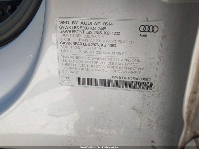 Aukcja sprzedaży 2015 Audi Q5 2.0t Premium, vin: WA1LFAFP5FA008582, numer aukcji: 45388897