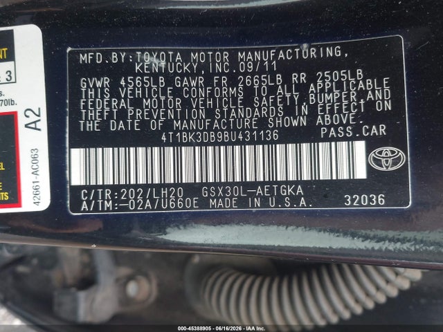 Aukcja sprzedaży 2011 Toyota Avalon, vin: 4T1BK3DB9BU431136, numer aukcji: 45388905