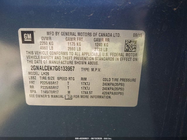 Продаж на аукціоні авто 2016 Chevrolet Equinox Lt, vin: 2GNALCEK7G6133967, номер лоту: 45388921