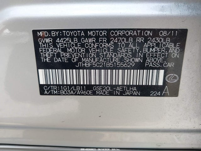 Продажа на аукционе авто 2011 Lexus Is 250, vin: JTHBF5C21B5155629, номер лота: 45388923