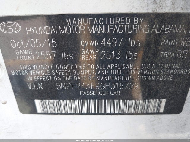 Hyundai SONATA SE 2016 5NPE24AF9GH316729 Image 9