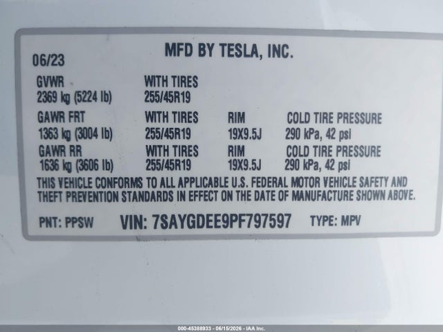 45388933 :رقم المزاد ، 7SAYGDEE9PF797597 vin ، 2023 Tesla Model Y Awd/long Range Dual Motor All-wheel Drive مزاد بيع