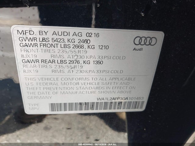 Aukcja sprzedaży 2016 Audi Q5 2.0t Premium, vin: WA1L2AFP3GA101453, numer aukcji: 45388941