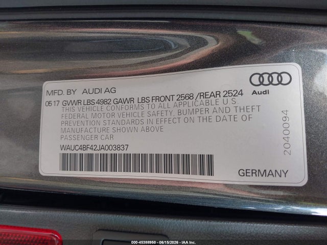 2018 Audi S4 3.0t Premium Plus მანქანა იყიდება აუქციონზე, vin: WAUC4BF42JA003837, აუქციონის ნომერი: 45388950