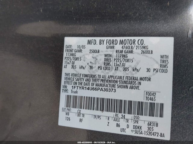 Aukcja sprzedaży 2006 Ford Ranger Sport/stx/xl/xlt, vin: 1FTYR14U66PA30373, numer aukcji: 45388955