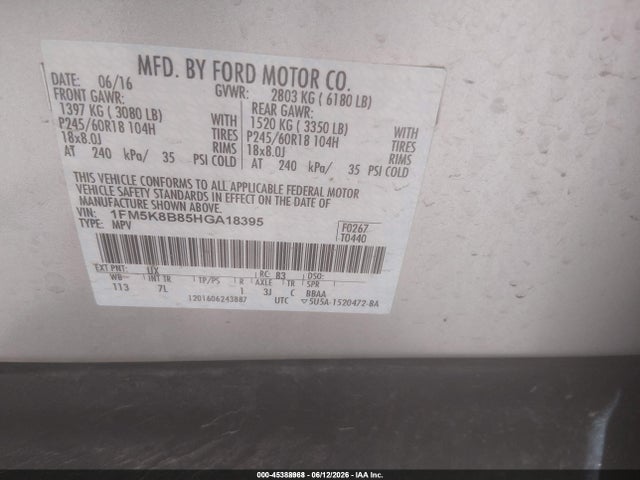 Продаж на аукціоні авто 2017 Ford Explorer, vin: 1FM5K8B85HGA18395, номер лоту: 45388968