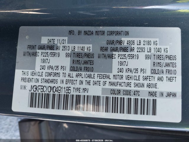 45388970 :رقم المزاد ، JM3KFBCY0M0491185 vin ، 2021 Mazda Cx-5 Carbon Edition Turbo مزاد بيع